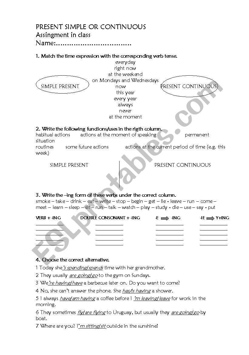 Present Simple or Continuous worksheet