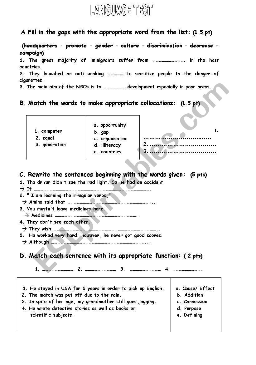 Language Test worksheet