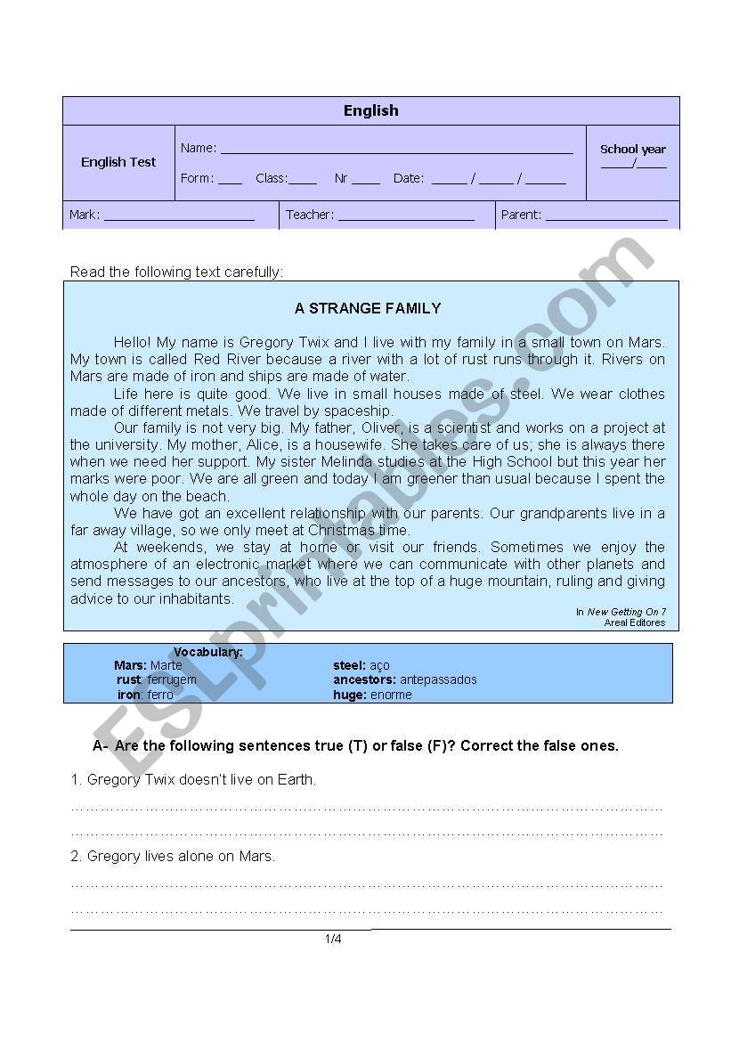 Test - FAMILY worksheet