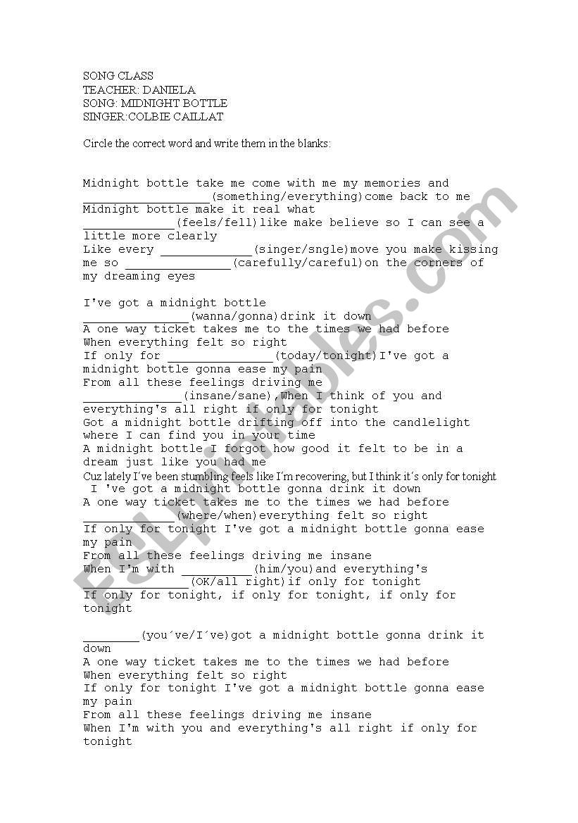 Midnight Bottle worksheet