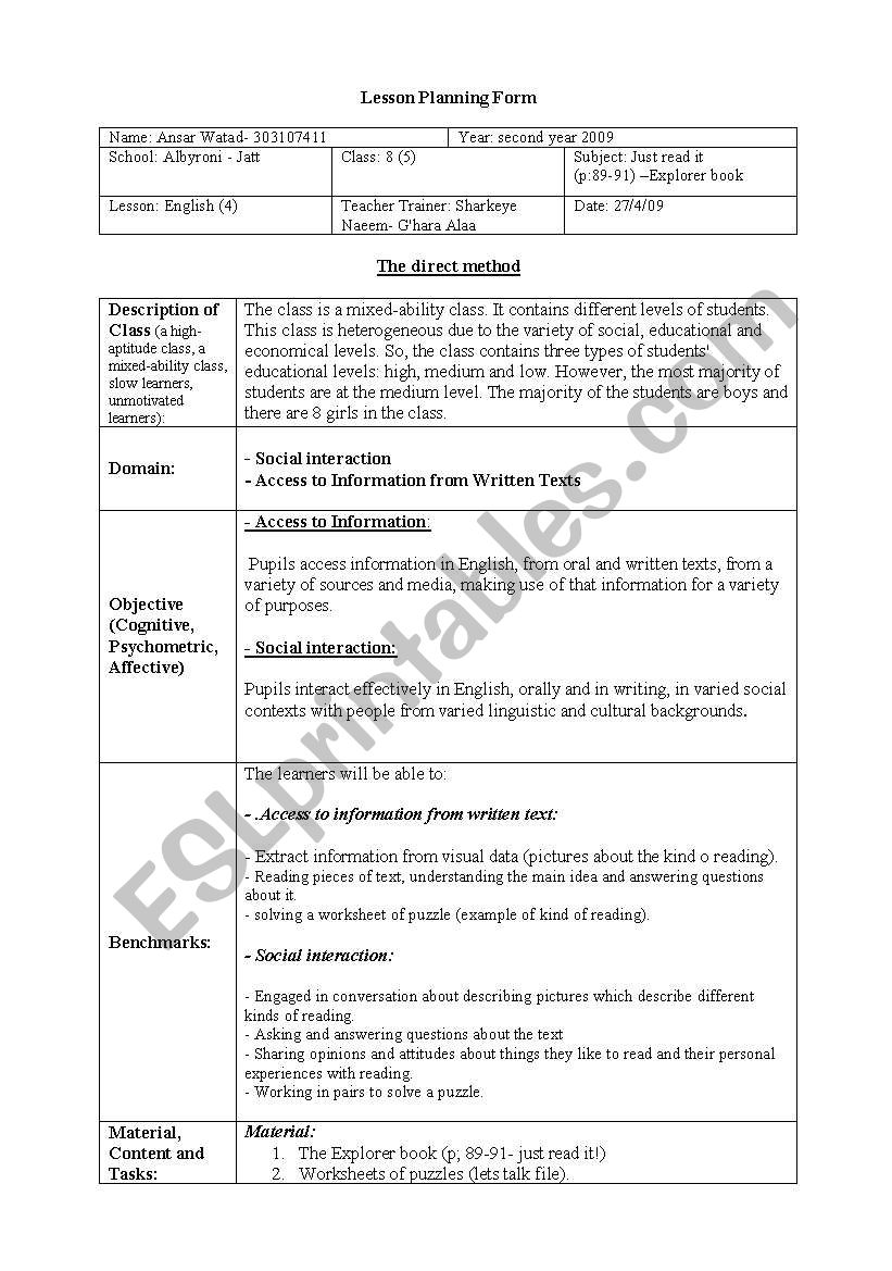 Israel - lesson plan worksheet