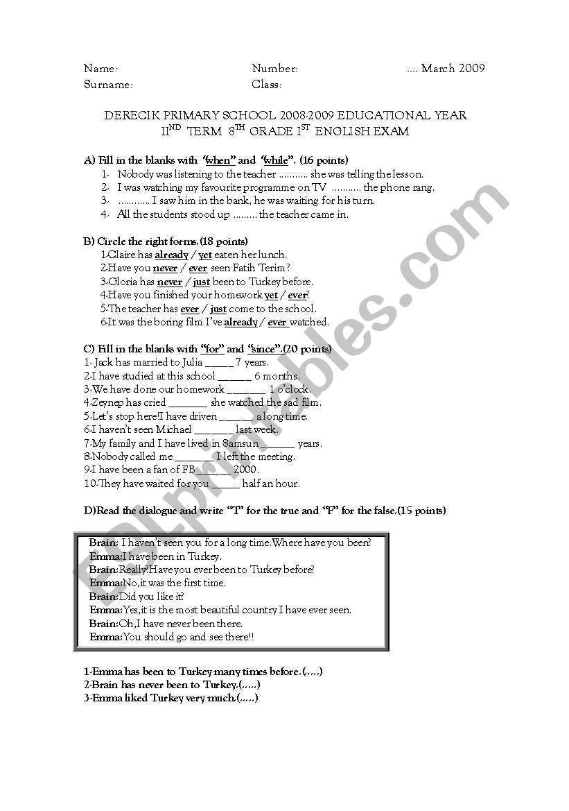8th grade exam worksheet
