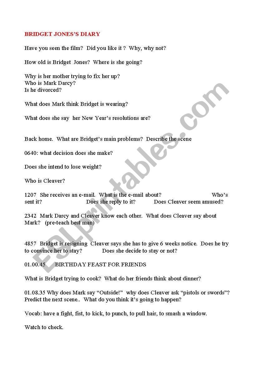 Bridget Jones Diary worksheet