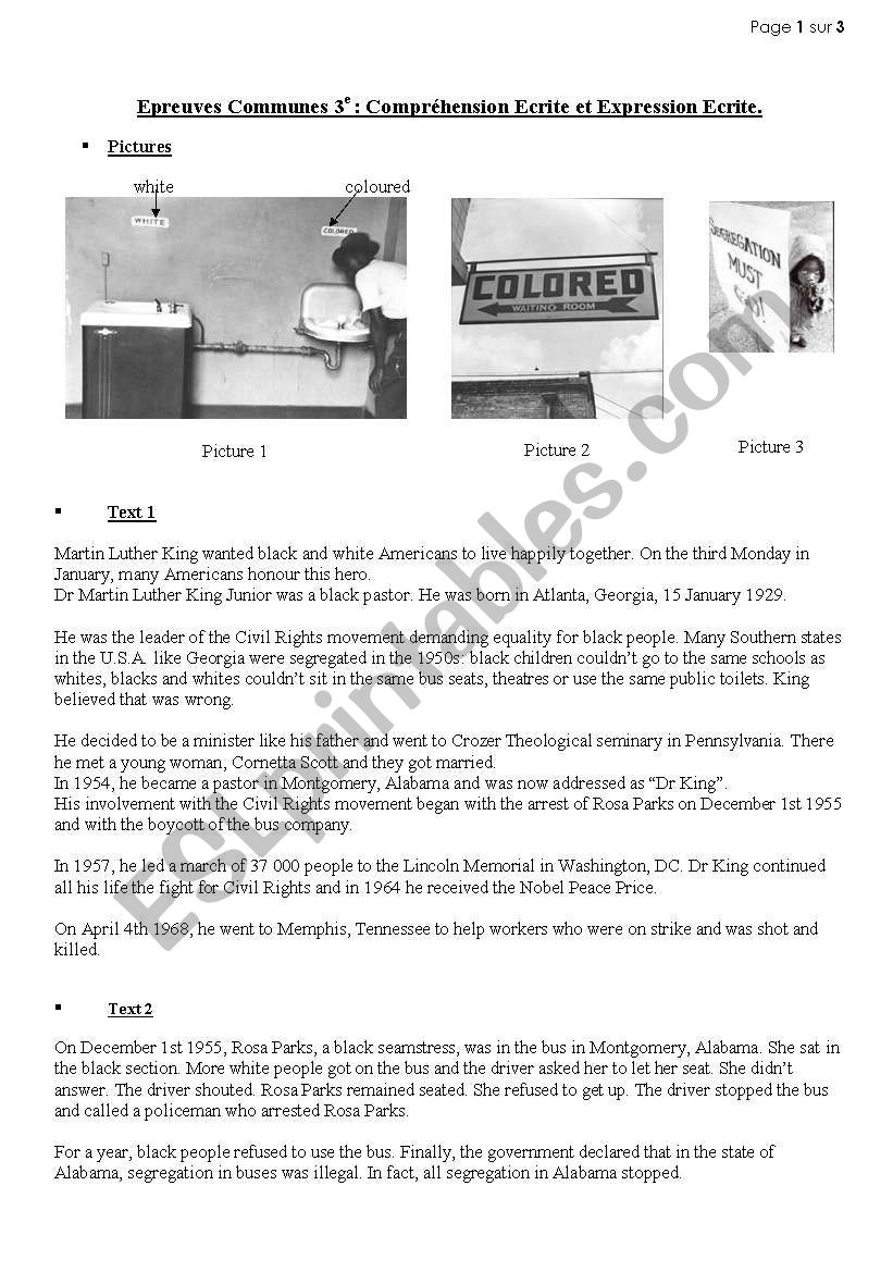 Segregation Martin Luther King Rosa Parks Esl Worksheet By I Love English