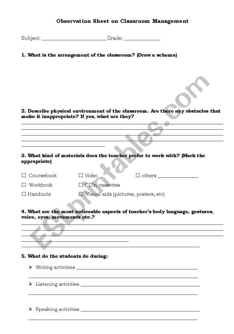 Observation sheets worksheet