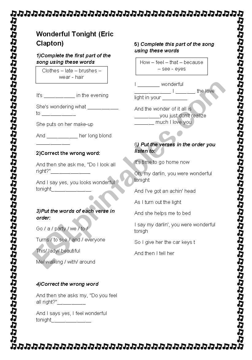 Song: Wonderful tonight worksheet