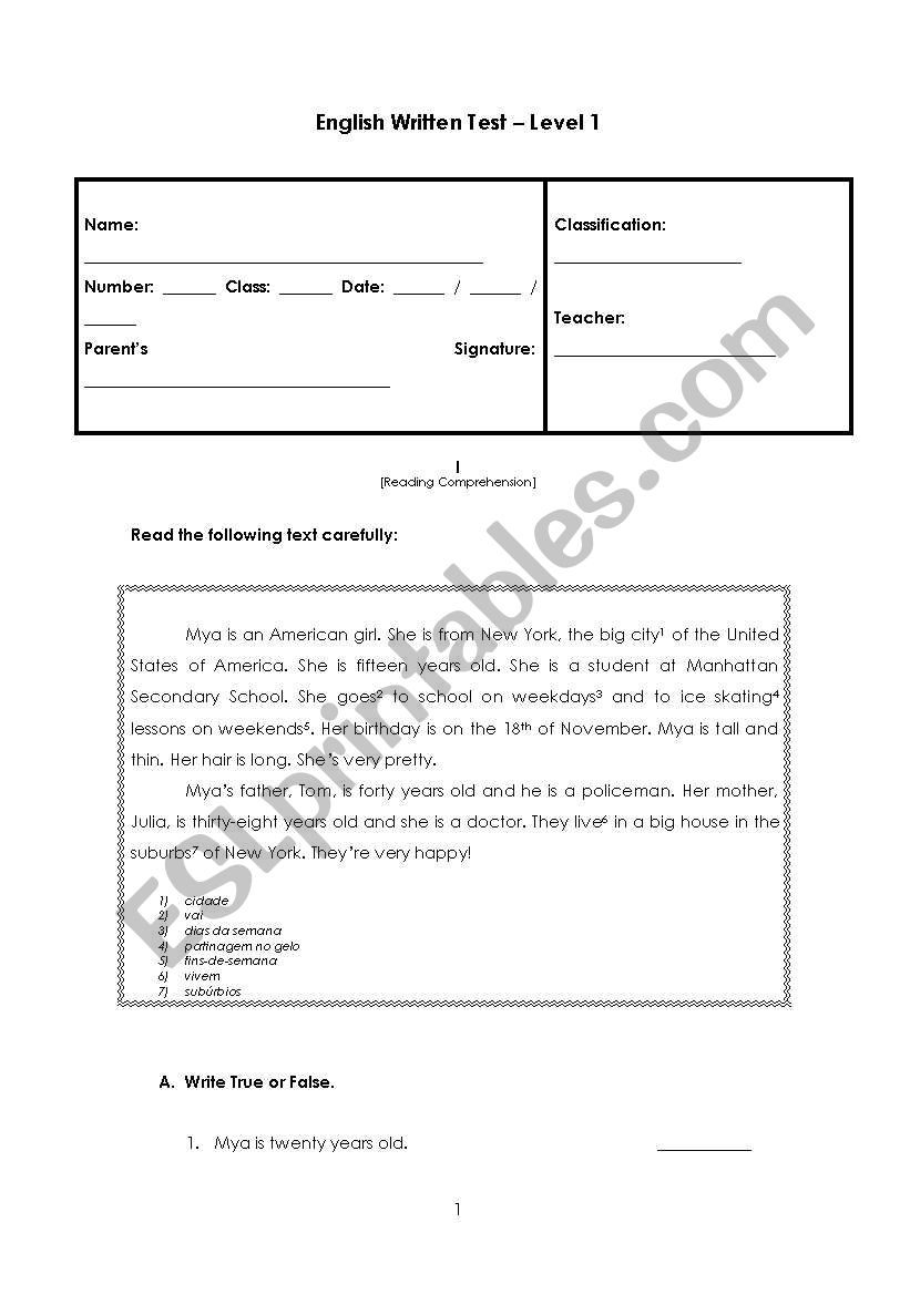 Written Test (level 1) worksheet