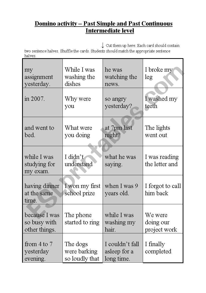 Domino activity (No. 10) - Past Simple and Past Continuous