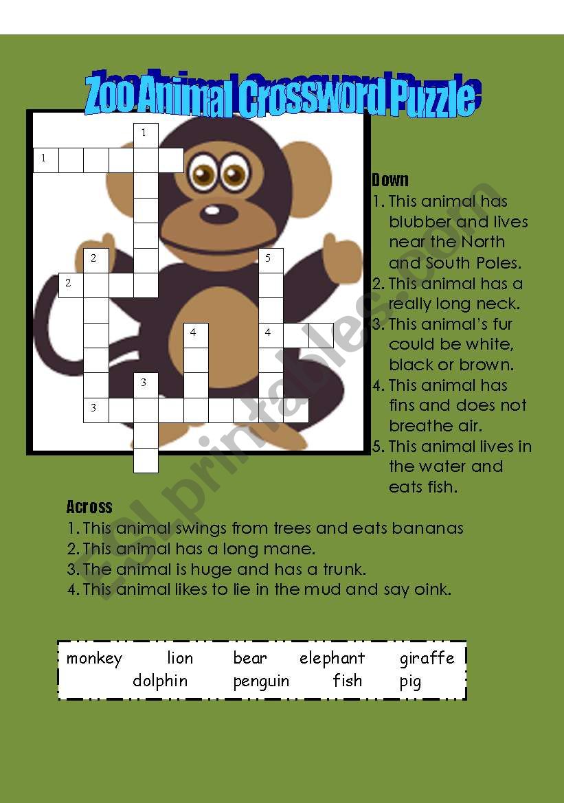 zoo animal crossword puzzle worksheet