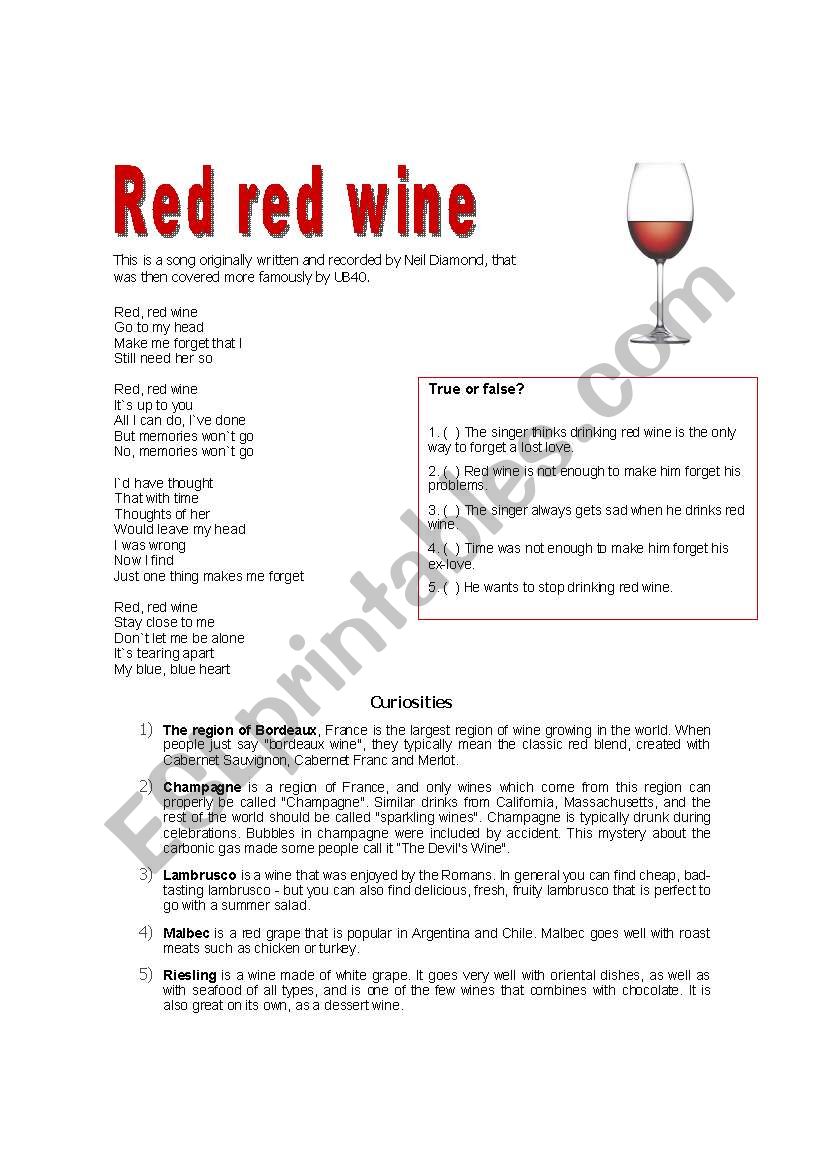 Red red wine song  worksheet