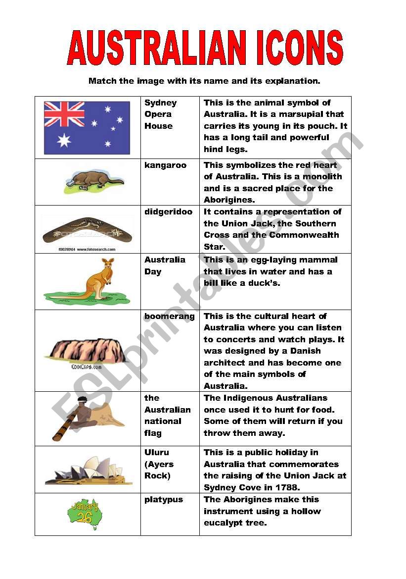 Australian icons 2 -  A matching exercise