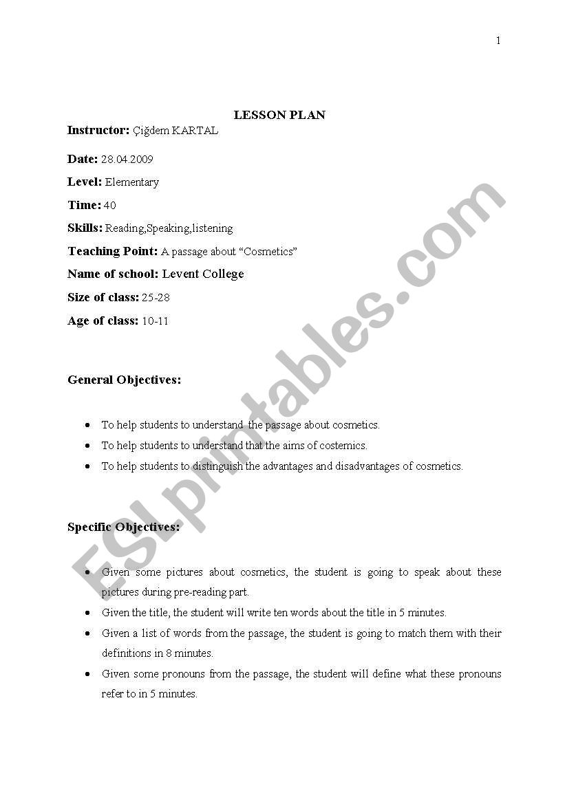 cosmetic ( a reading passage) worksheet