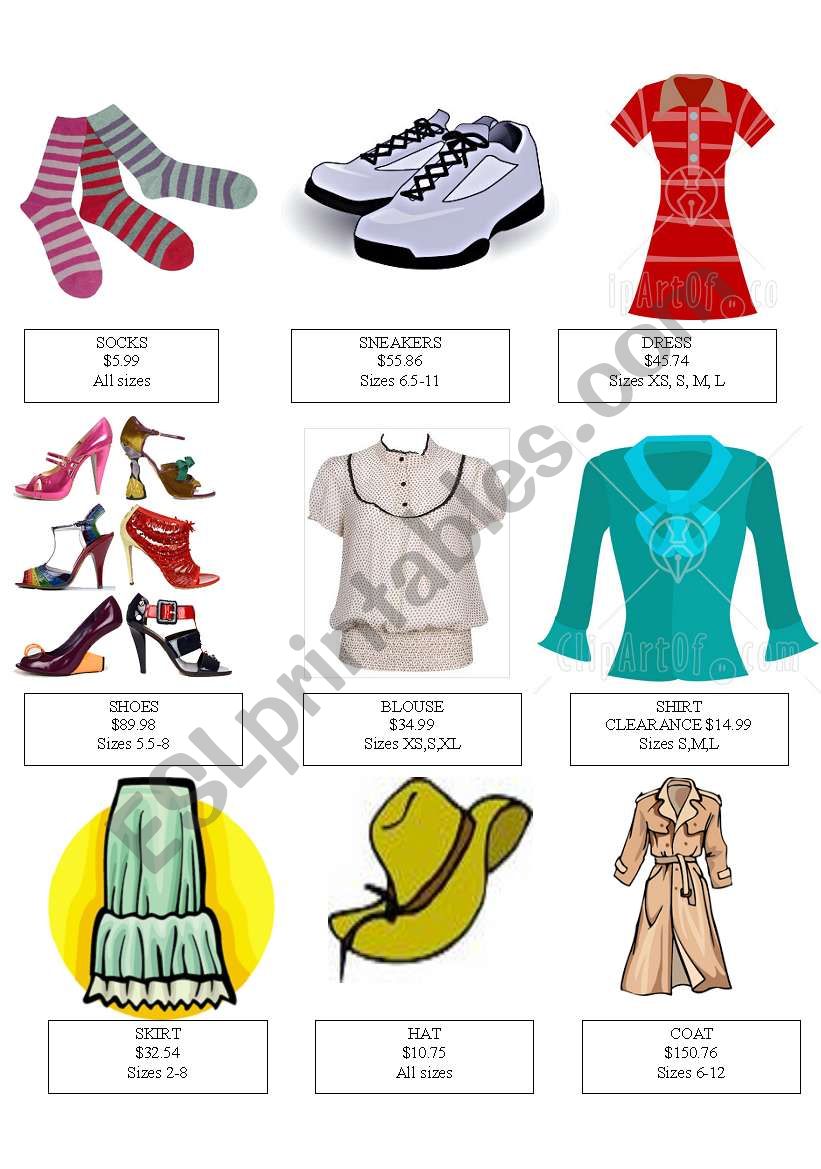 At The Store Clothes Price And Size Part 1 2 Esl Worksheet