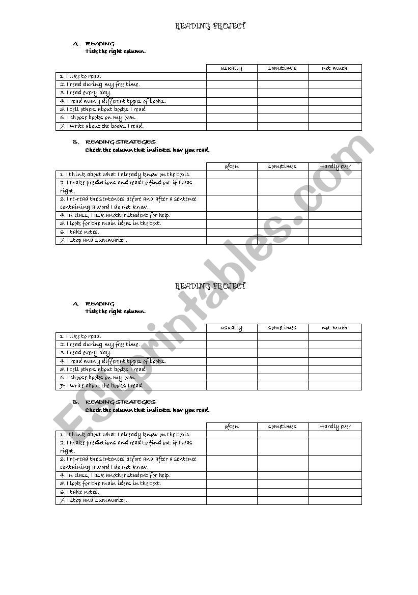 Reading habits worksheet