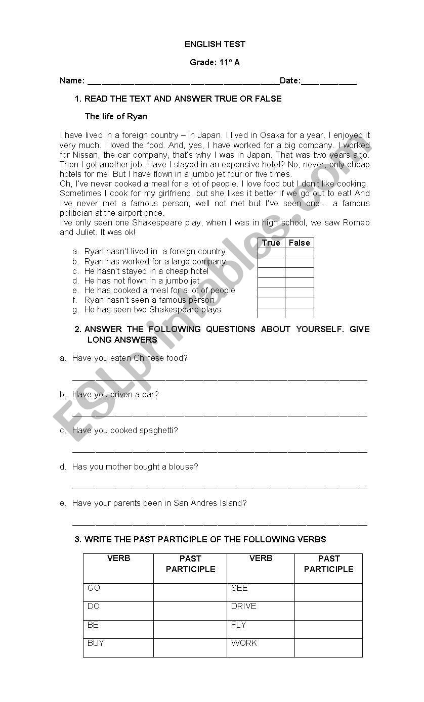 English test worksheet