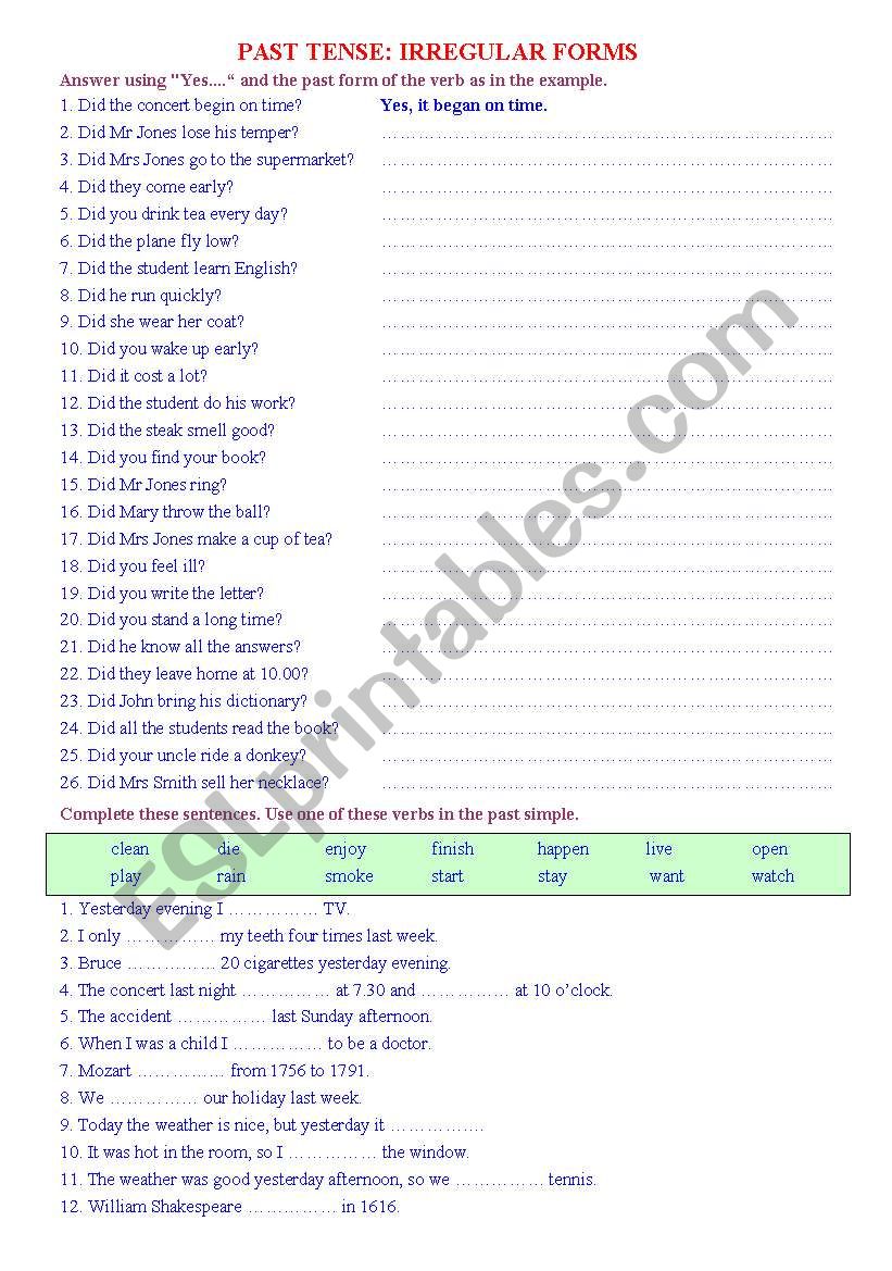 Past Simple irregular and fill in exercise