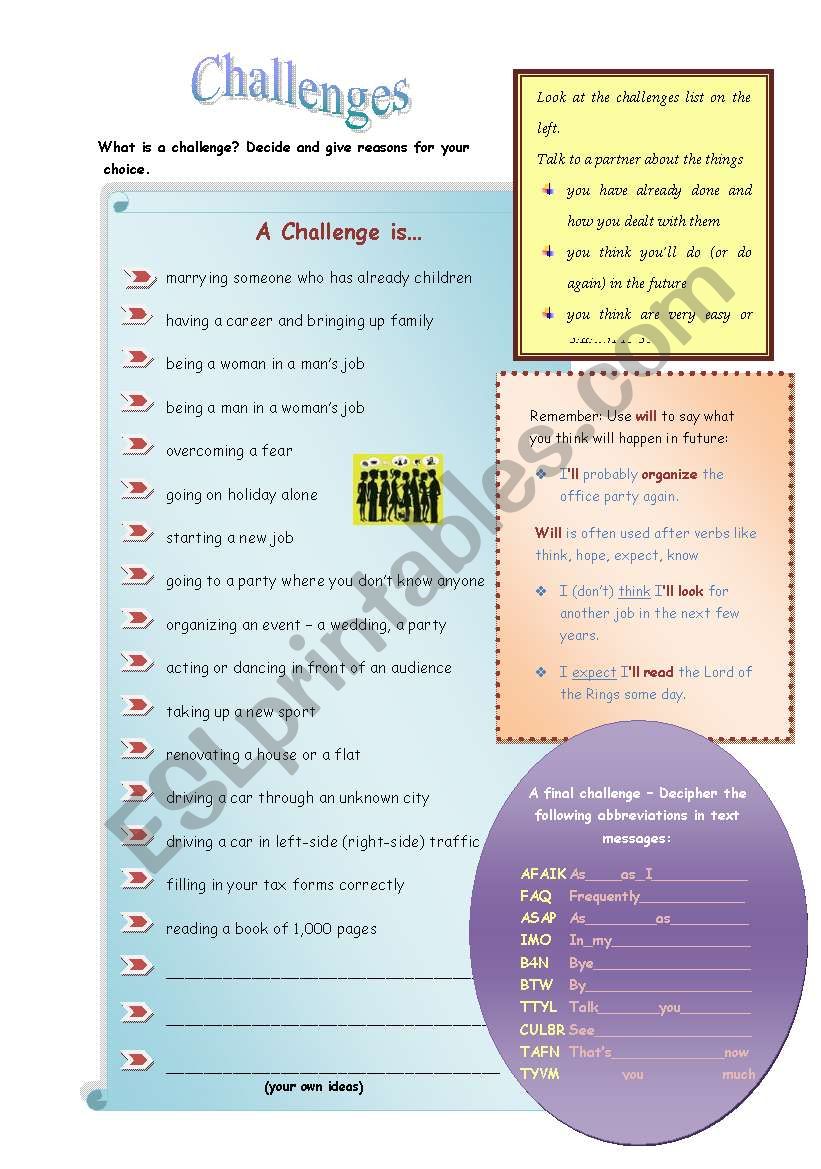 Challenges - will-future- text messages (2 pages with key)
