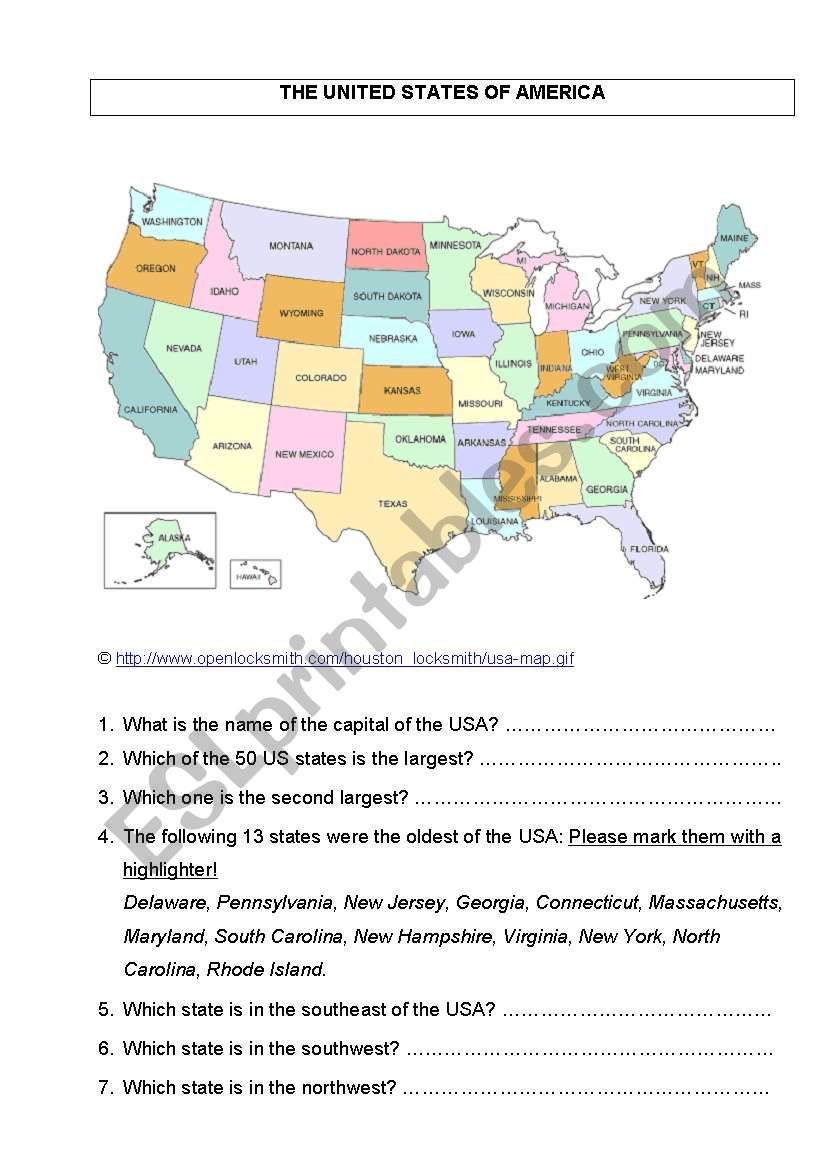 The United States of America worksheet