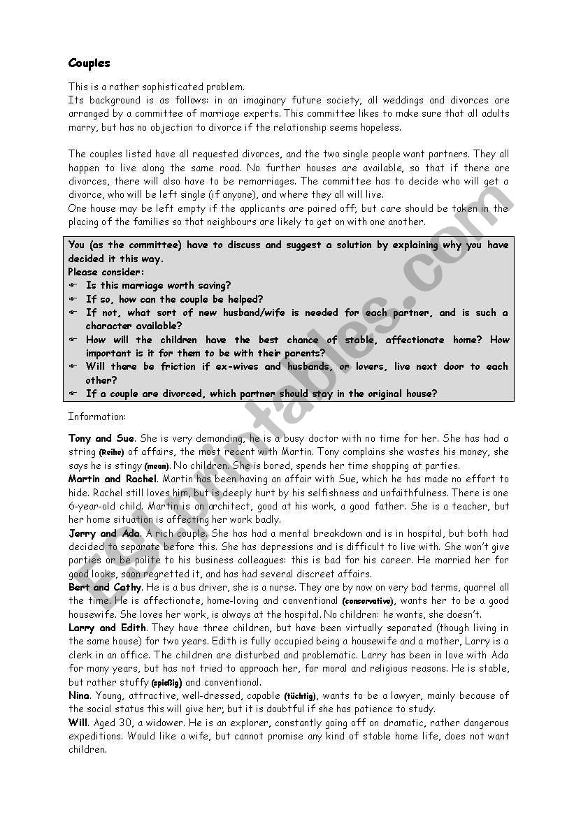 Organising Couples - Pair work activity