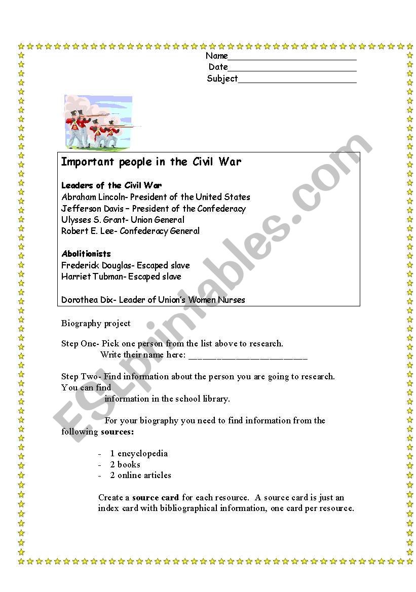 Biography Project worksheet