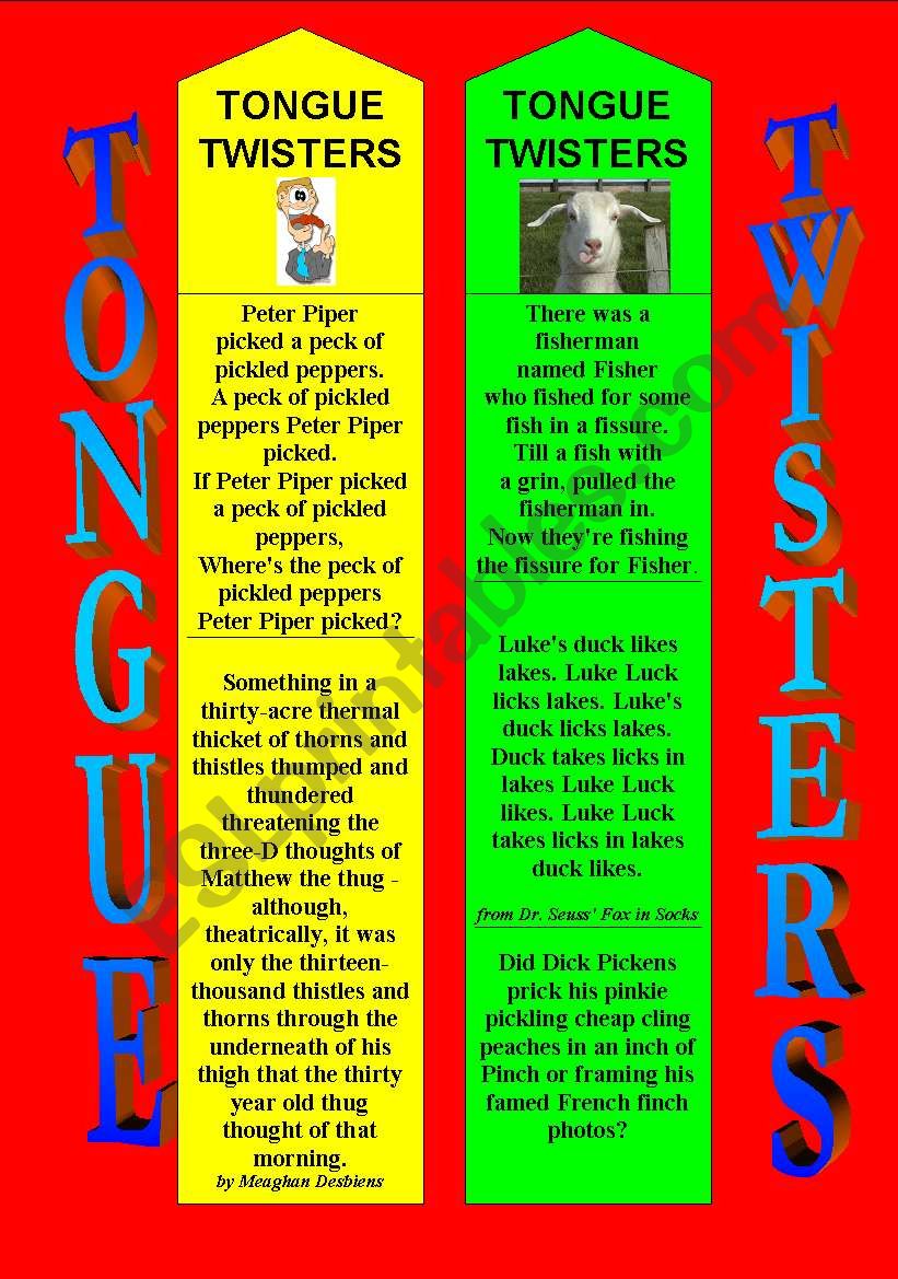 TONGUE TWISTERS BOOKMARKS worksheet