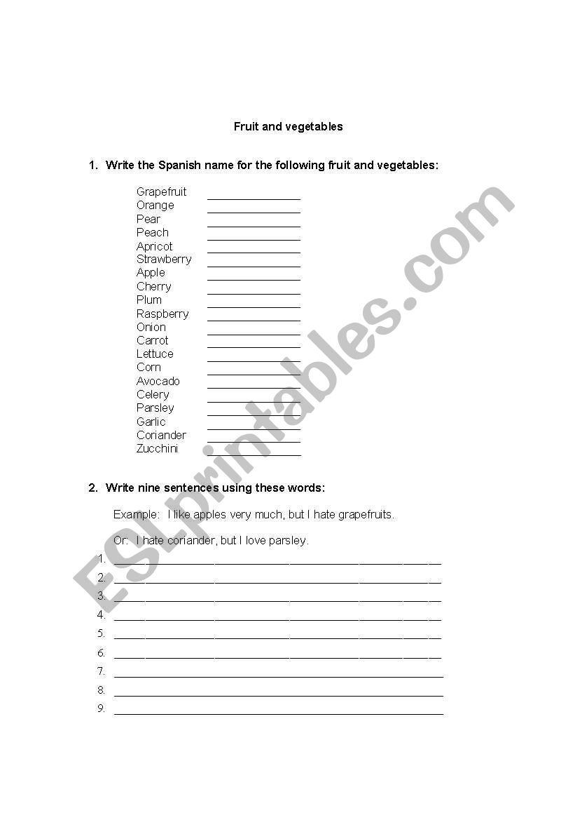 FRUITS worksheet