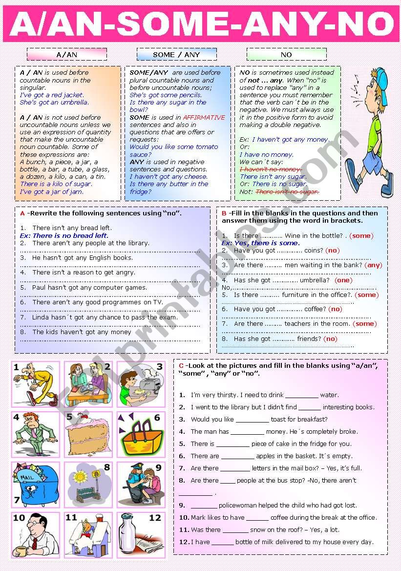A/AN-  SOME - ANY-  NO worksheet