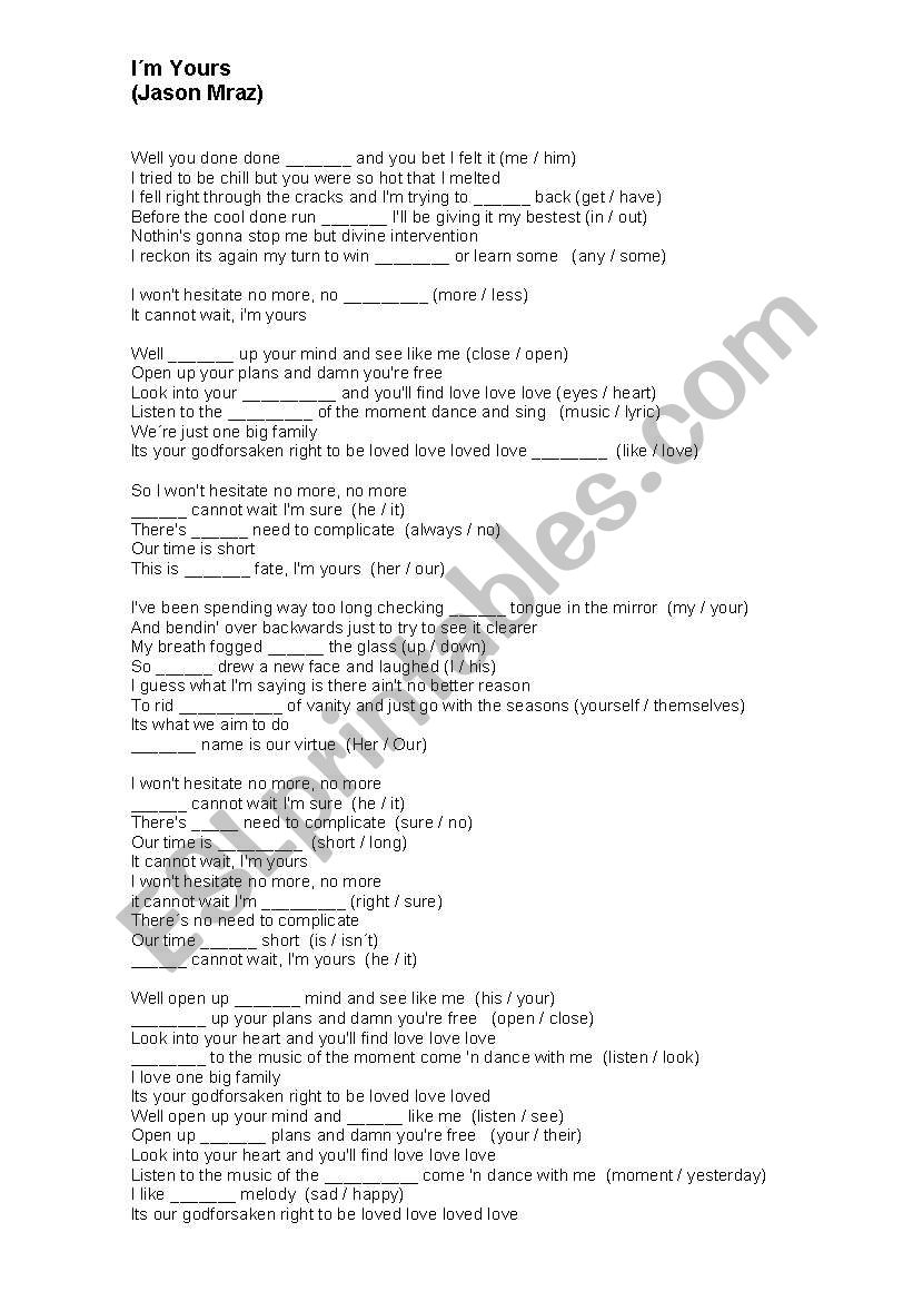 English worksheets: Song I´m Yours (Jason Mraz)