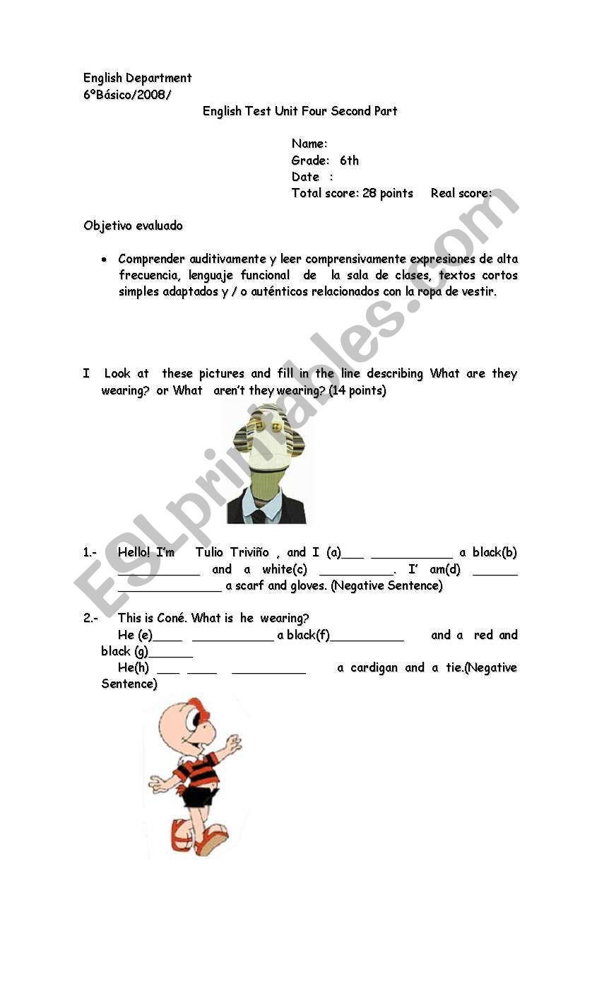 Prueba he is wearing worksheet