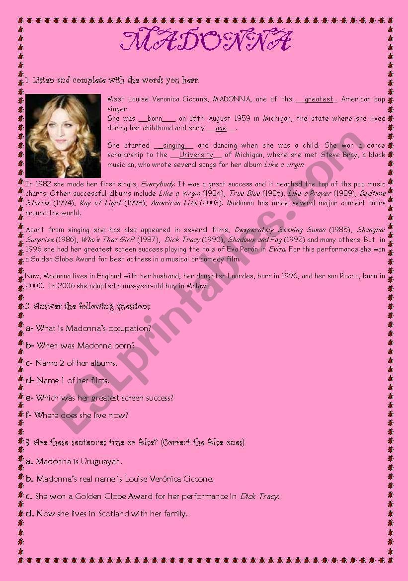 Madonna worksheet