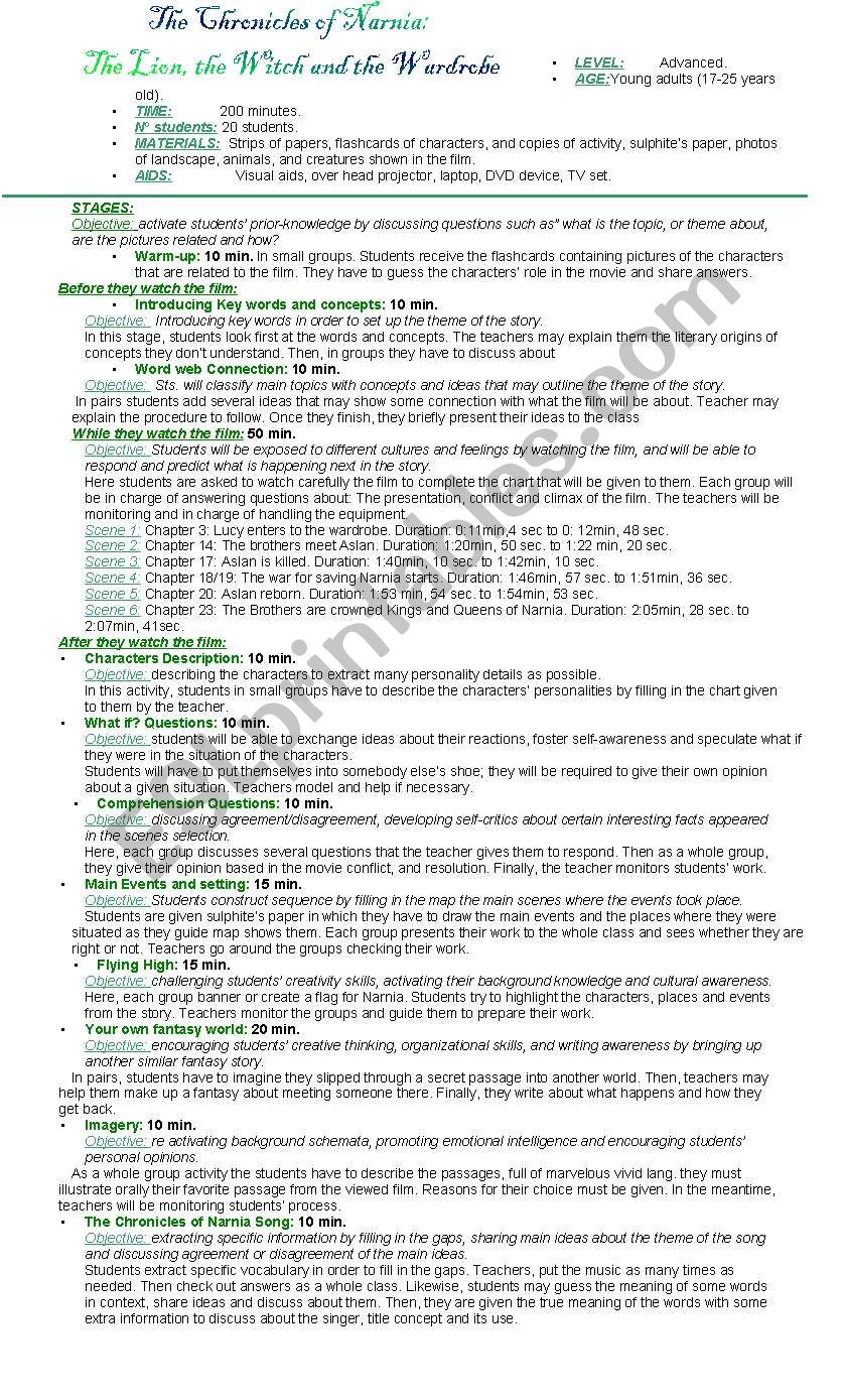 Narnia movie: activities worksheet