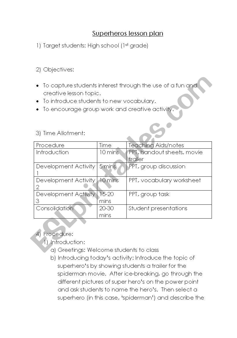 Superheros worksheet