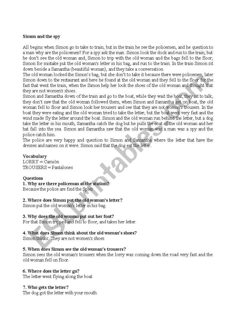 simon and the spy worksheet