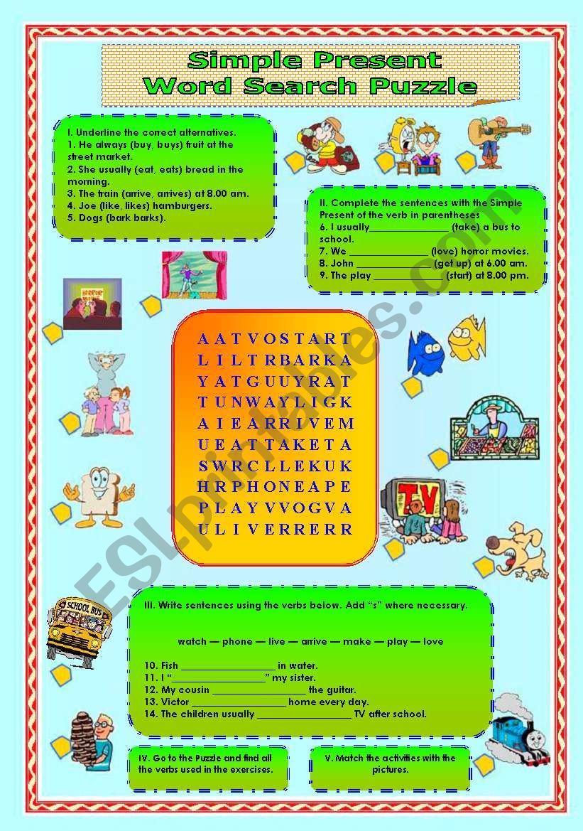 Present Simple  - Fill in the blanks and Word Search Puzzle