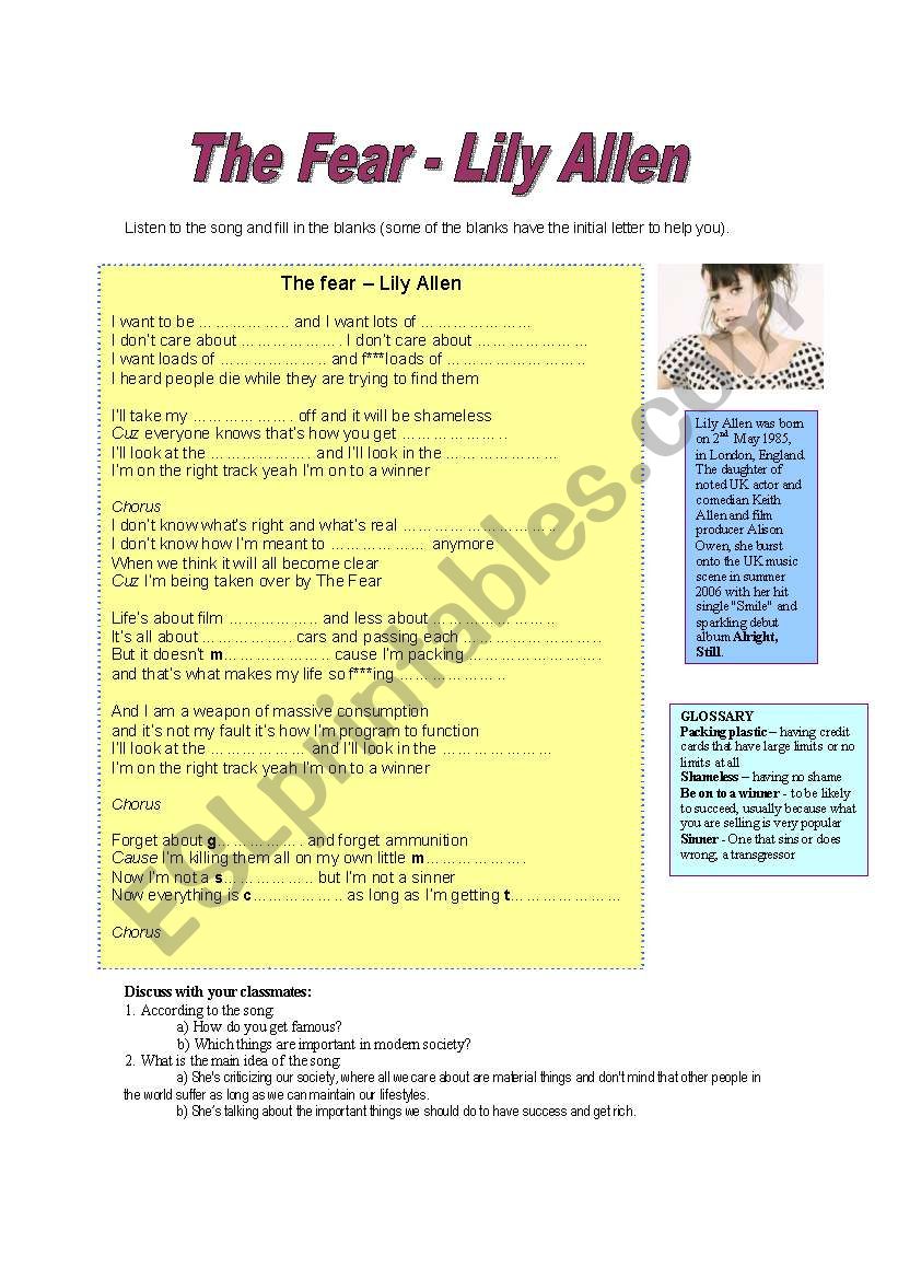 The Fear - Lily Allen worksheet