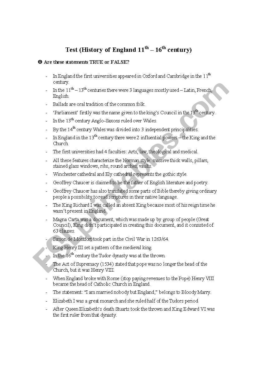 True/False Test on History of England (11th - 16th century)