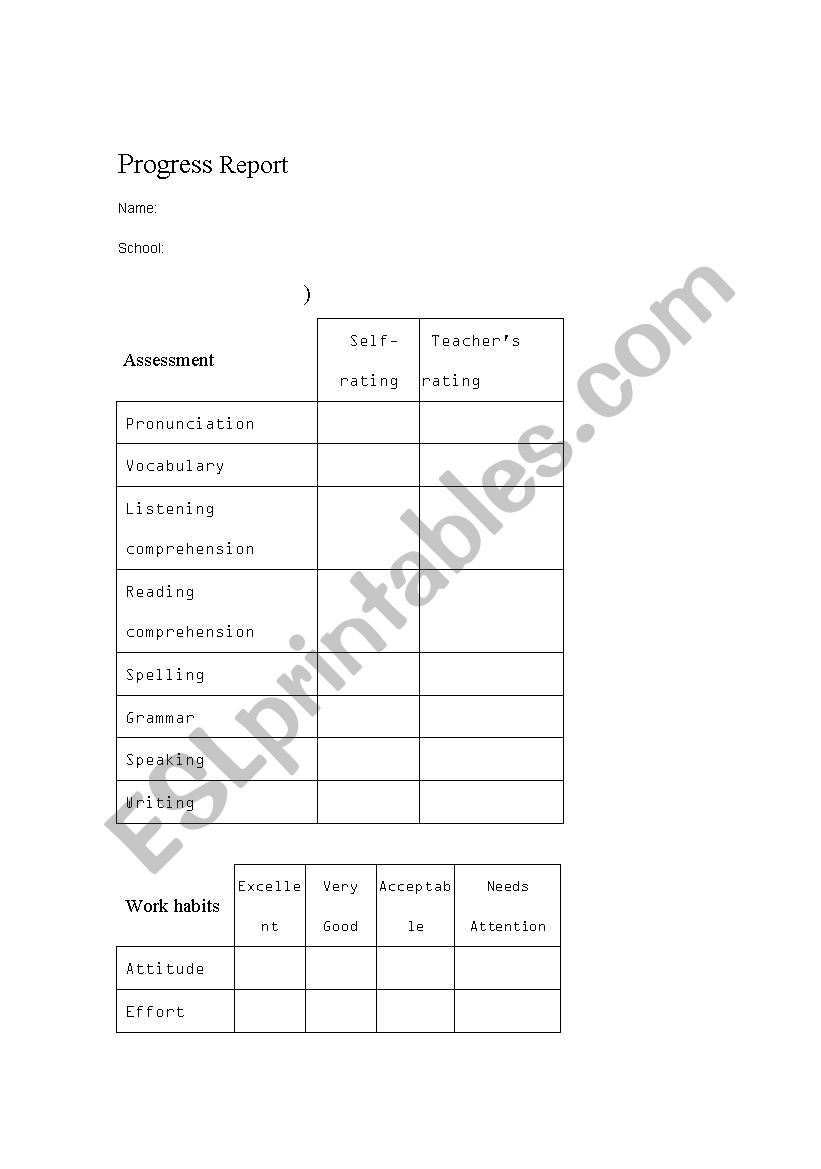 Progress Report worksheet