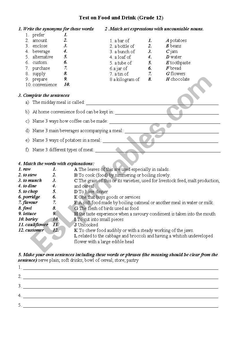 Test on Food and Drink worksheet