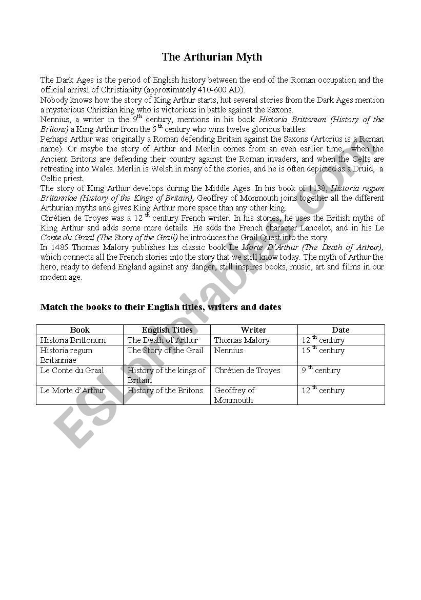 the arthurian myth worksheet