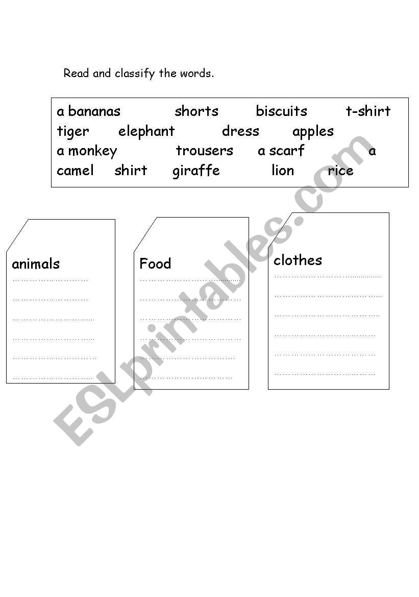 classify the words worksheet