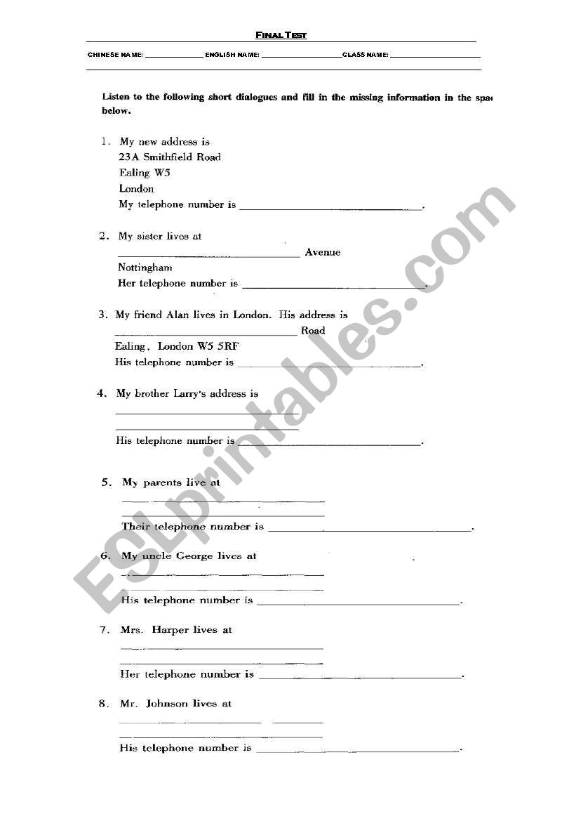 English Listening worksheet
