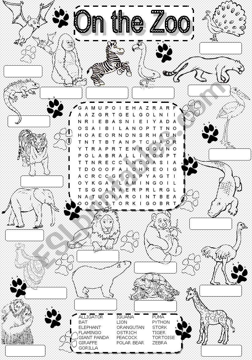 wordsearch ZOO ANIMALS worksheet