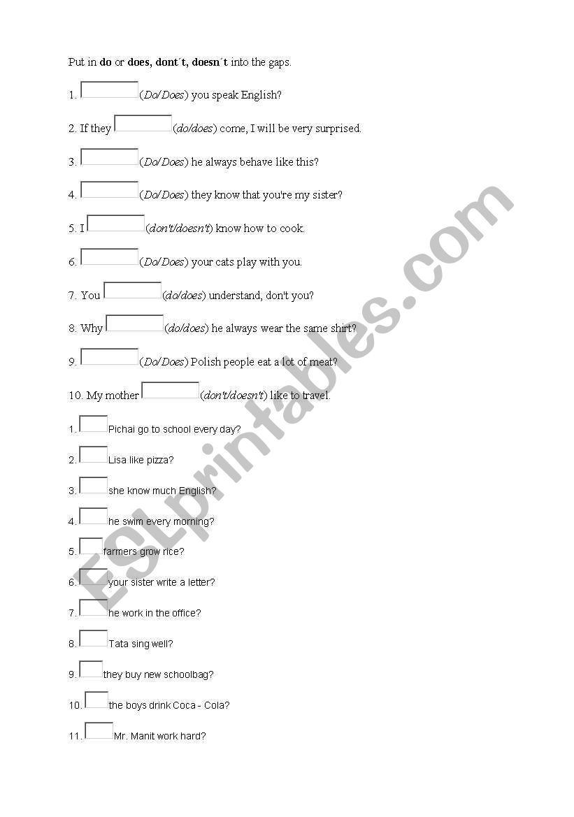 present simple -  do does worksheet