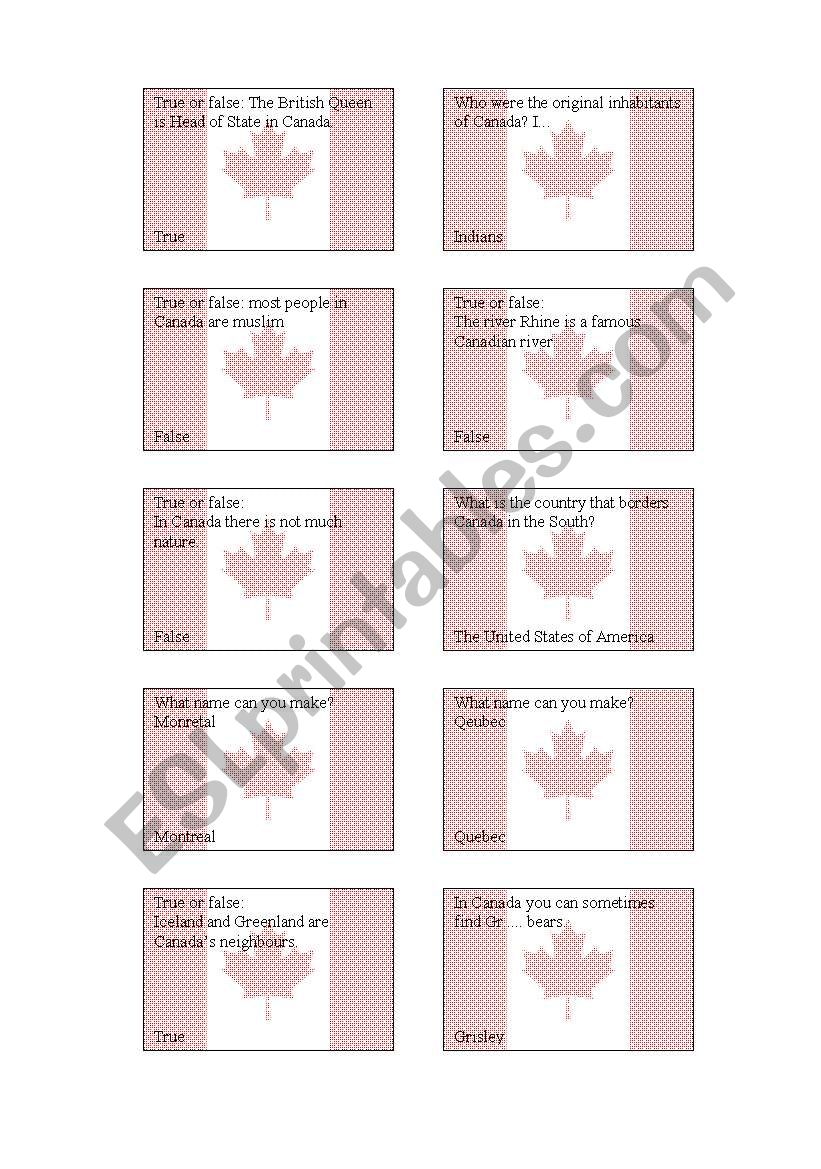 Country game cards Canada worksheet