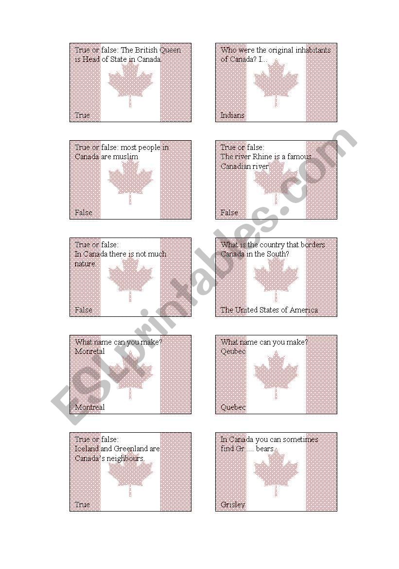 Country game cards Canada worksheet