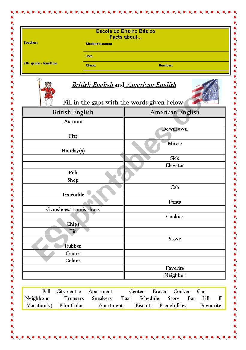 British and American English worksheet