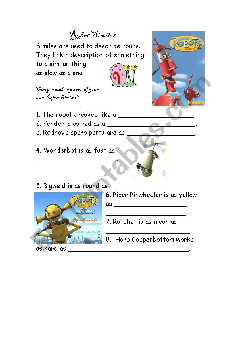 Robot Similes worksheet