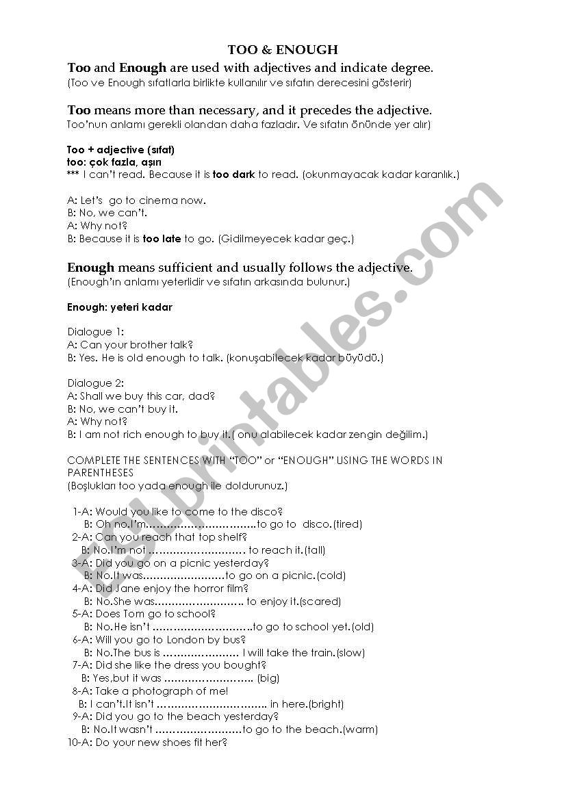 too-enough worksheet