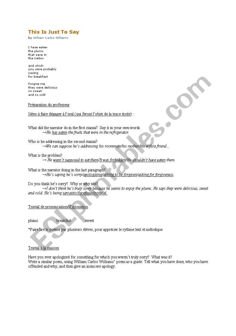 William Carlos Williams poem worksheet
