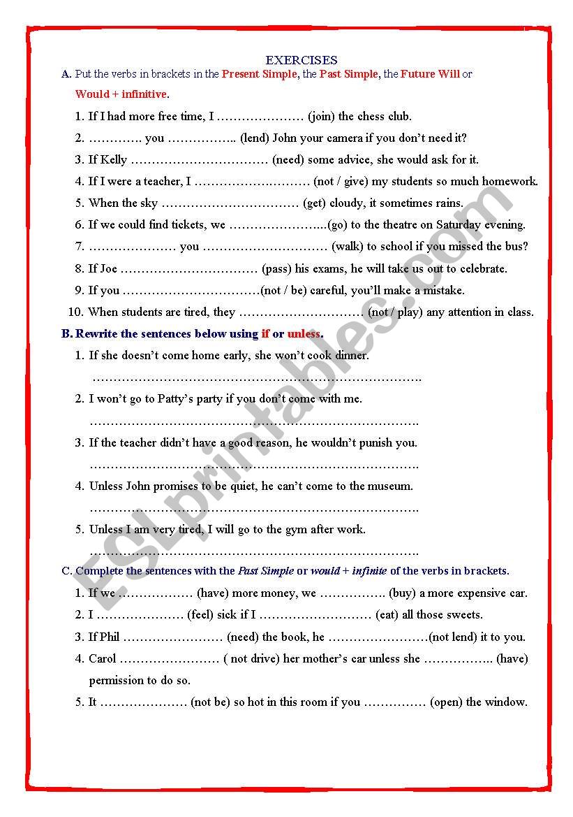 conditionals type 1and type 2 worksheet